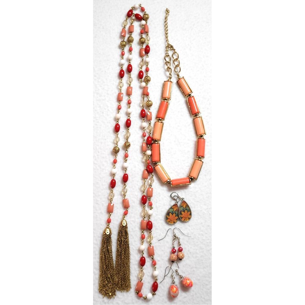 Retro Vtg Necklace Earrings Lot Beaded Lariat Pink Coral Red Peach Boho Hippie